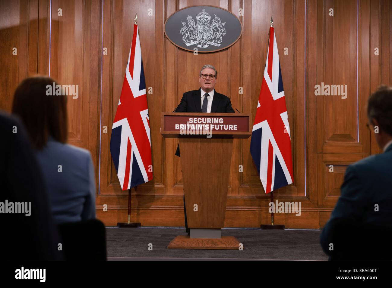 Britain's Prime Minister Keir Starmer speaks during a press conference, ahead of the publication of the government’s Immigration White Paper, in London, Monday, May 12, 2025. (Ian Vogler, Pool Photo via AP) Stock Photo