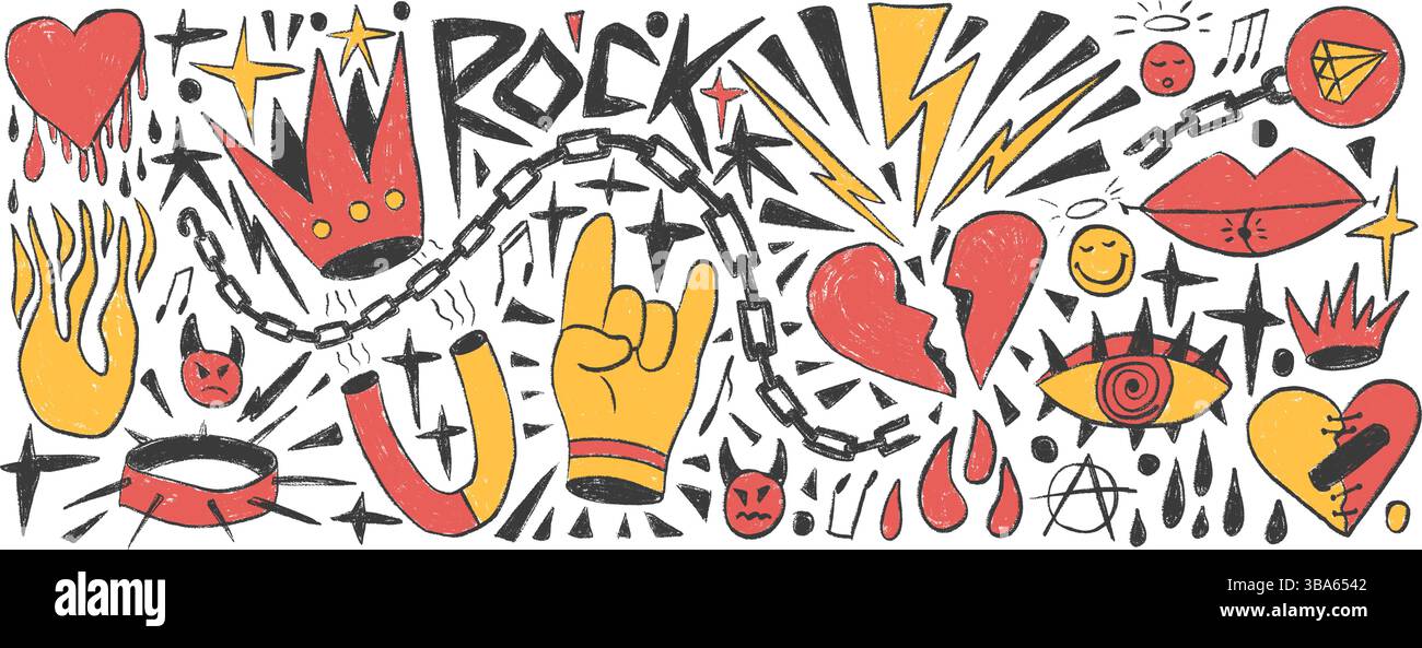 Rock and roll girly crayon drawn set. Punk coquette breaking heart doodle background. Scribble grunge poster elements. Broken heart, crown and sketch Stock Vector