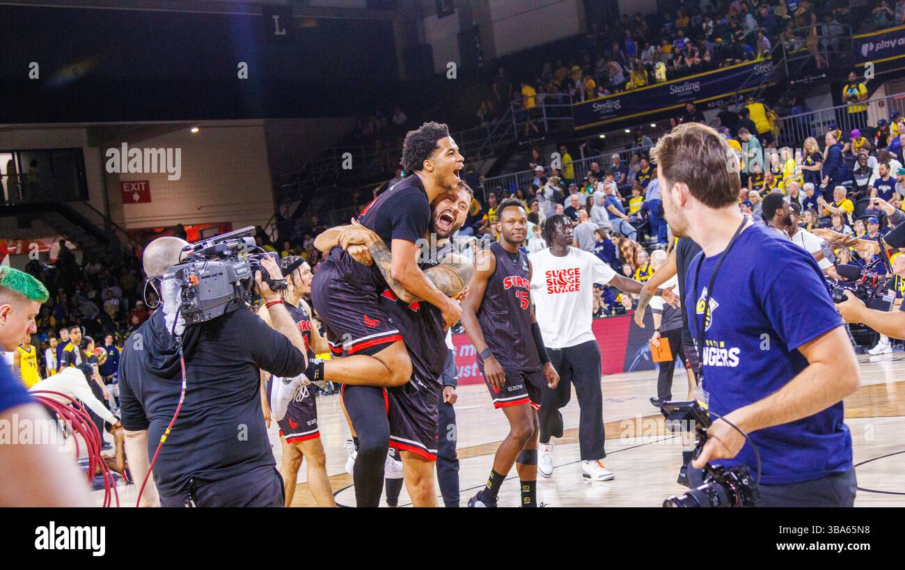Edmonton, Canada. 11th May, 2025. Calgary Player's celebrate after the game as the Calgary Surge defeat of the Edmonton Stingers at Edmonton Expo Centre. Edmonton Stingers 84 - 86 Calgary Surge (Photo by Ron Palmer/SOPA Images/Sipa USA) Credit: Sipa USA/Alamy Live News Stock Photo