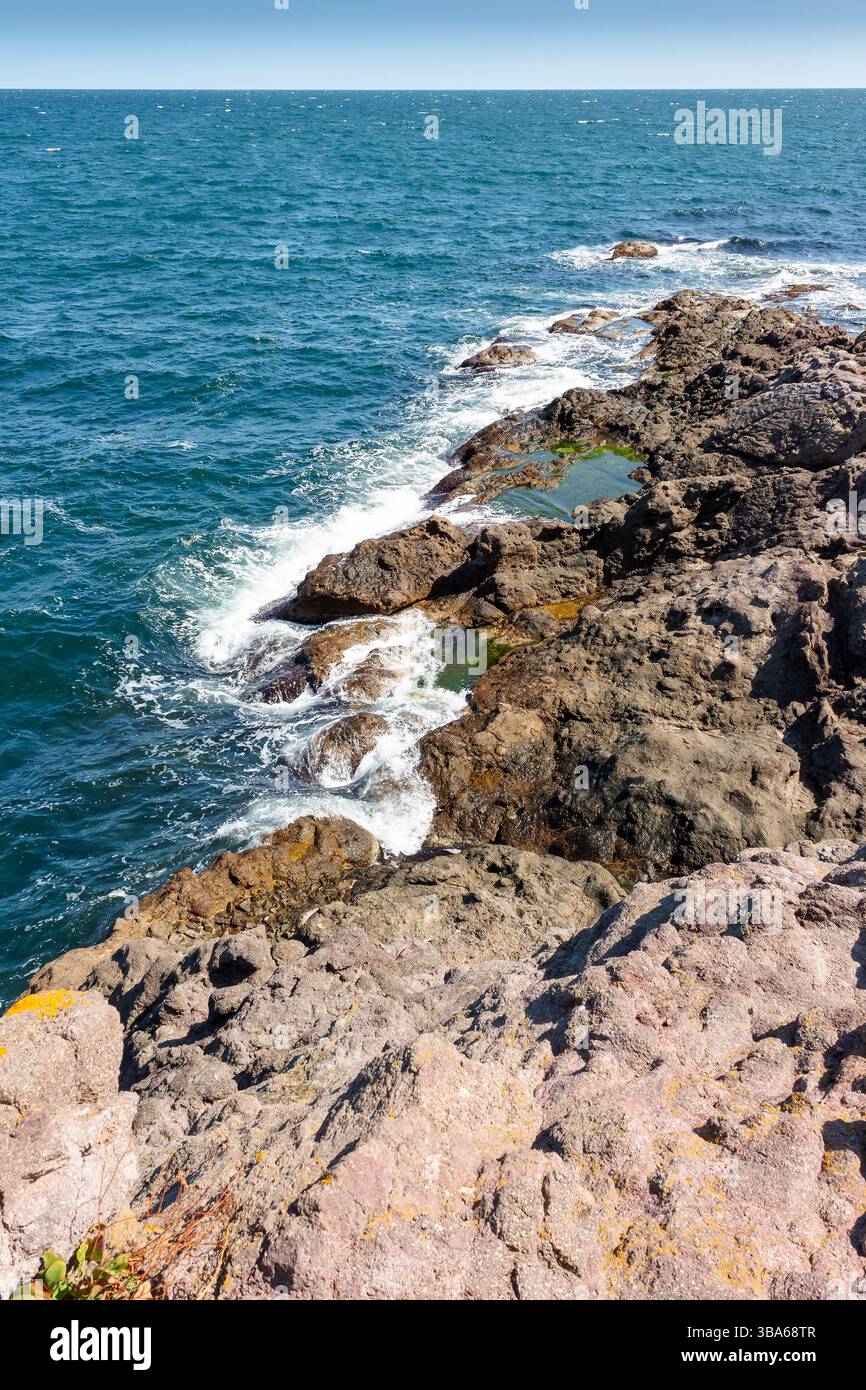 landscape of sea coast with rock in summer. vacation season at the seaside. sunny day in bulgaria. Stock Photo