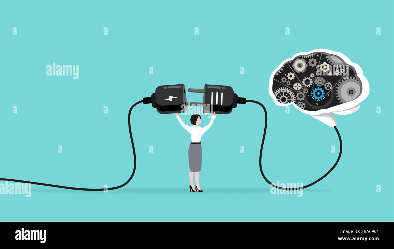 turn on AI technology brain, work with AI, Augmented intelligence, human intelligence enhance, AI human support concept Stock Vector
