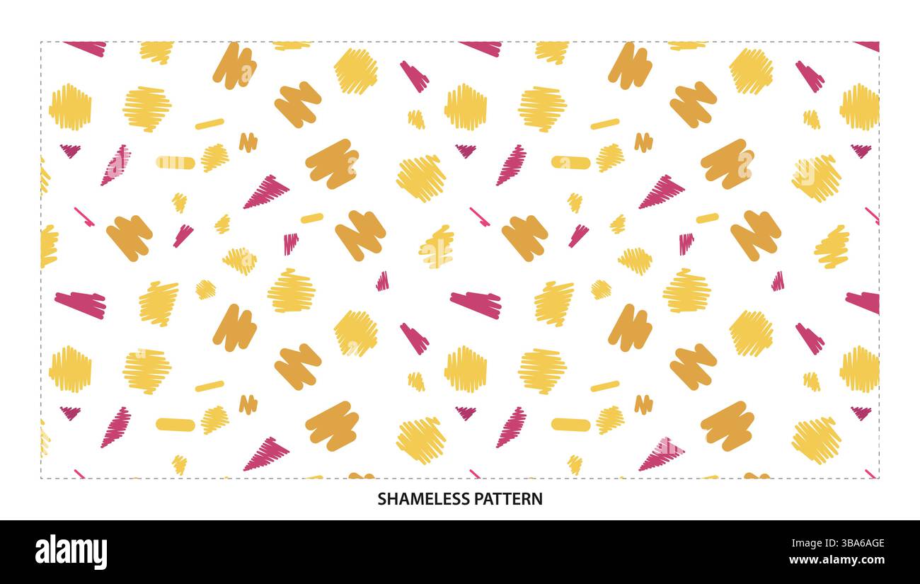 Modern Confetti Seamless Pattern with Pink Yellow Scribbles and Geometric Shapes Stock Vector