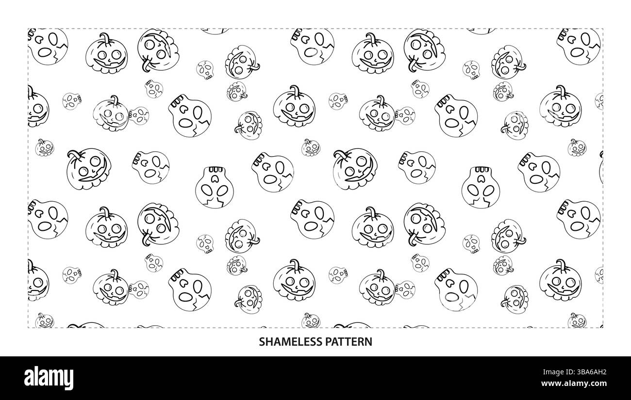 Simple Black Outline Cute Halloween Pumpkin and Skull Seamless Pattern ...