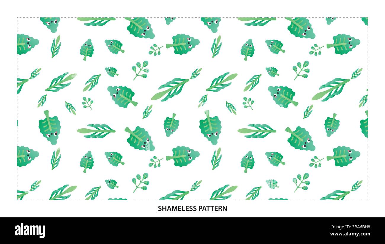 Cute Green Leaf Faces Seamless Pattern for Whimsical Nature Designs Stock Vector