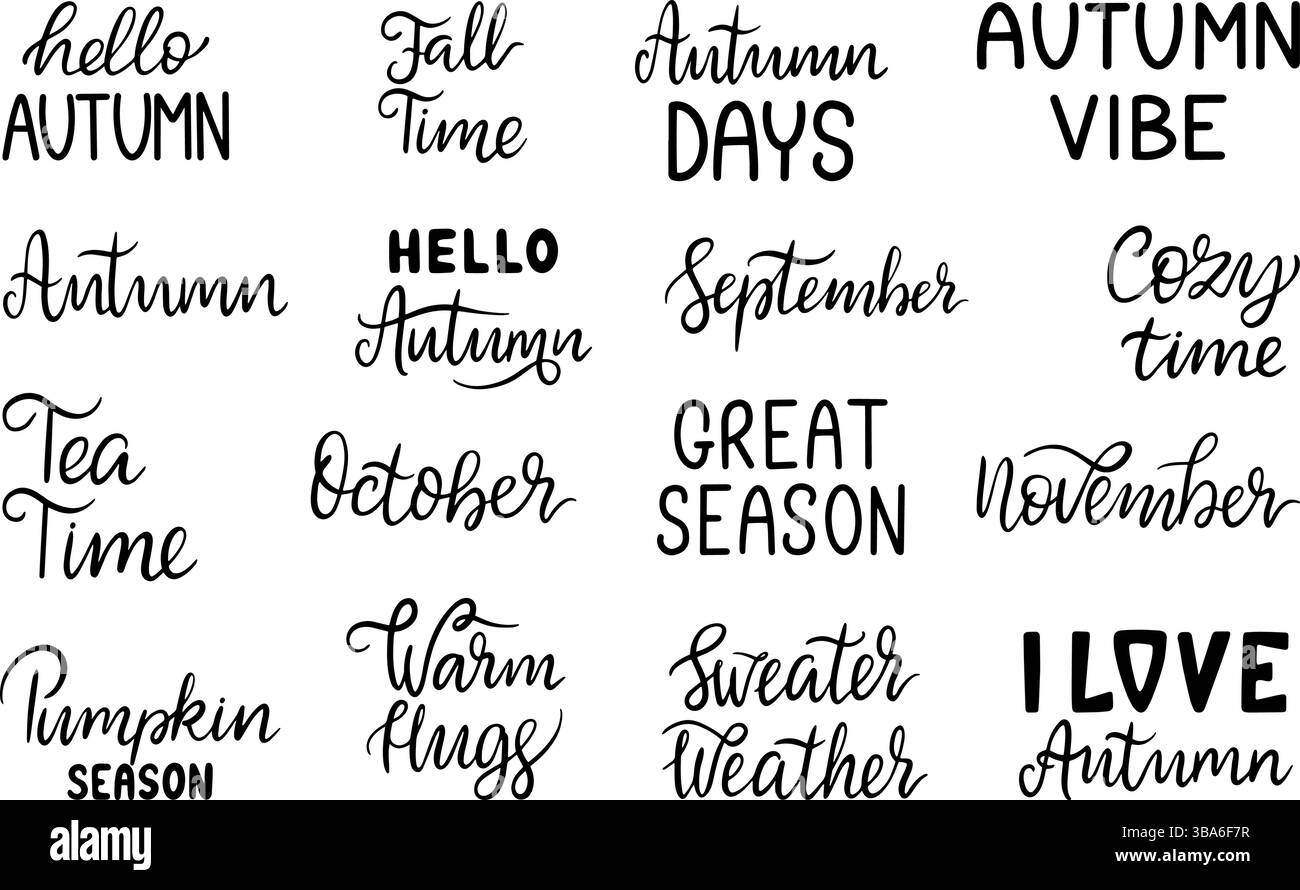 Hello autumn lettering. Fall typography, seasonal quotes hand drawn. Pumpkin season, fall time, sweater weather, warm hugs. Elements for cards Stock Vector