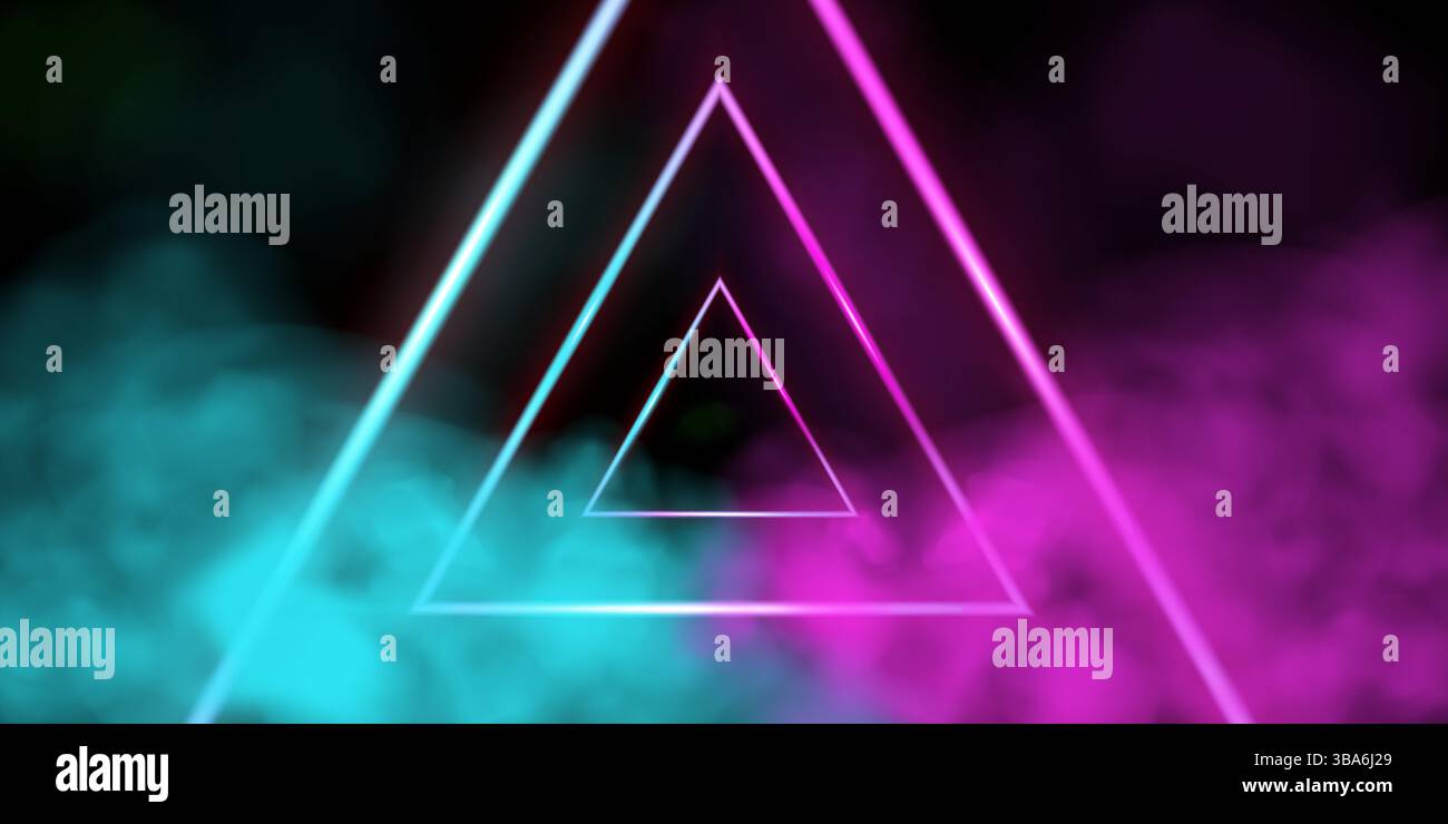 Triangular LED tunnel in perspective with pink and blue smoke. Neon frame. 3D vector Stock Vector