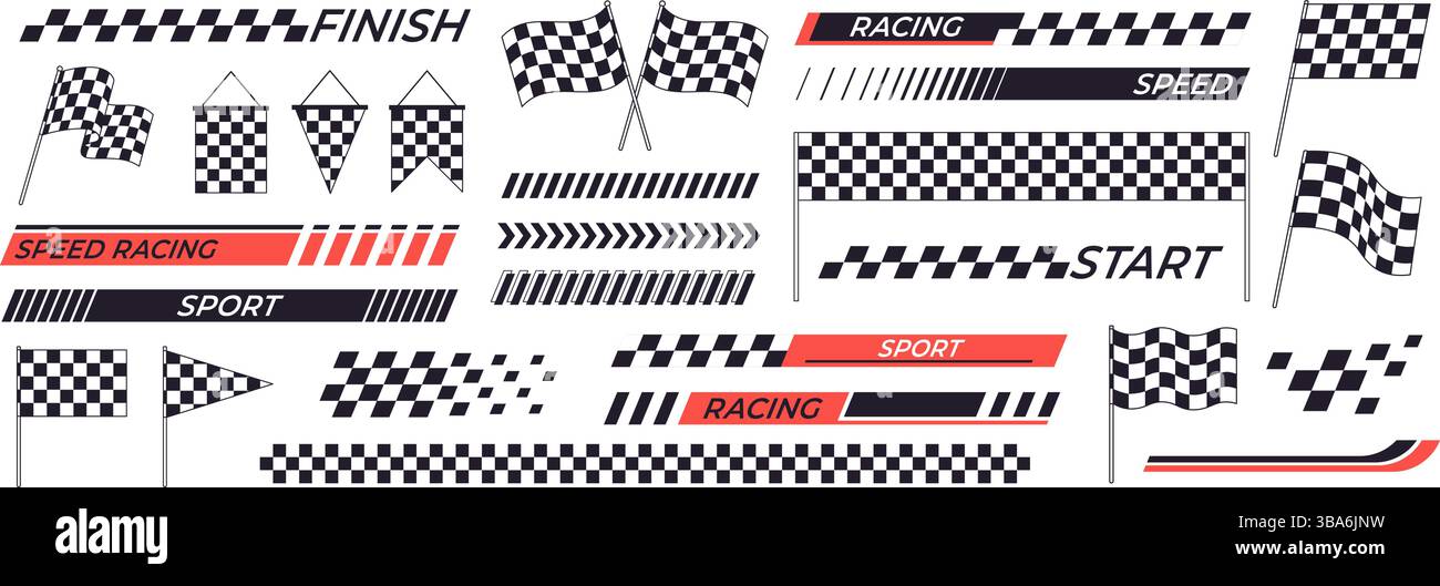 Racing graphic elements. Stripes, checkered flags for start and finish ...