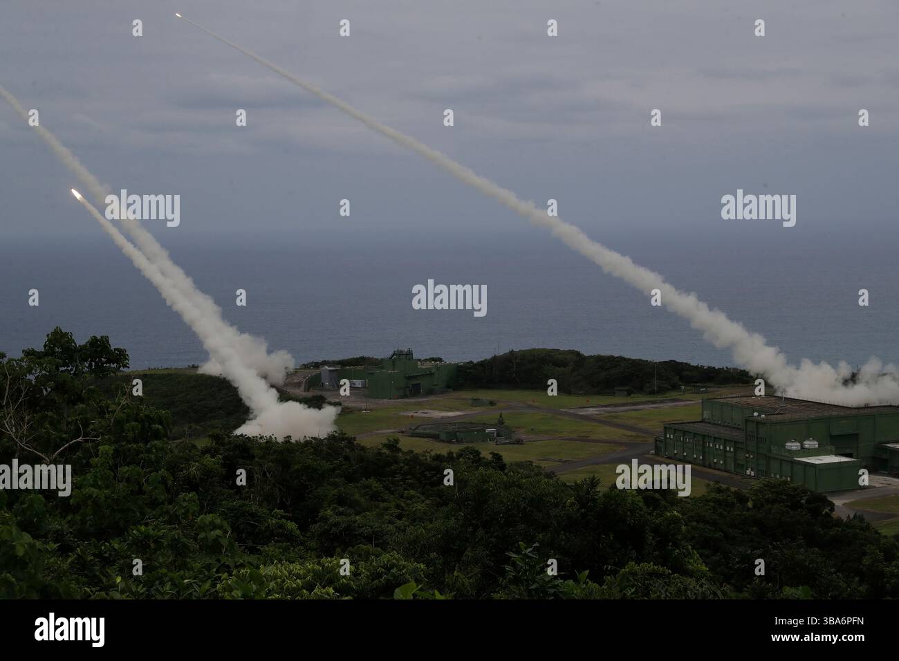 Rocket practice rounds are launched from M142 High Mobility Artillery ...