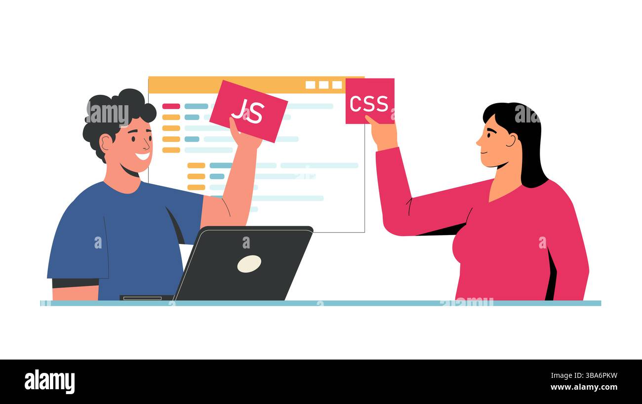 Man and woman learning web development, holding JavaScript and CSS cards with code on screen. Programming education, frontend teamwork digital Stock Vector
