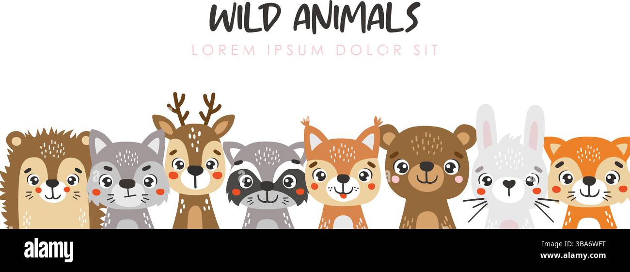 Wild animals set isolated, cute forest animals, kids vector cartoon ...