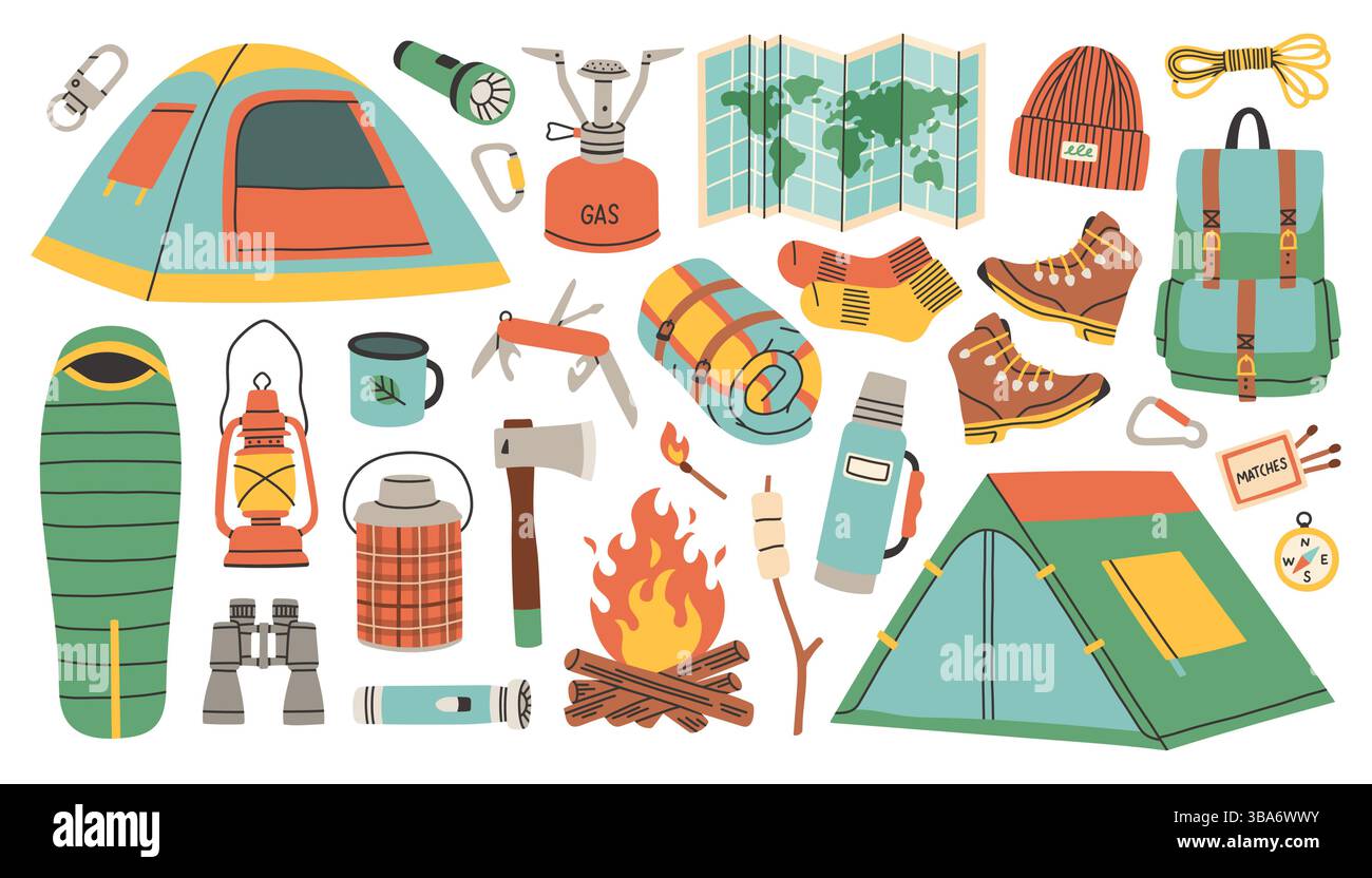 Camping and hiking simple set. Hand drawn elements outfit, tent ...