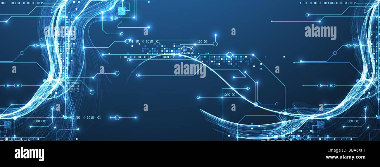 Abstract data wave with futuristic circuit lines. Technology concept ...