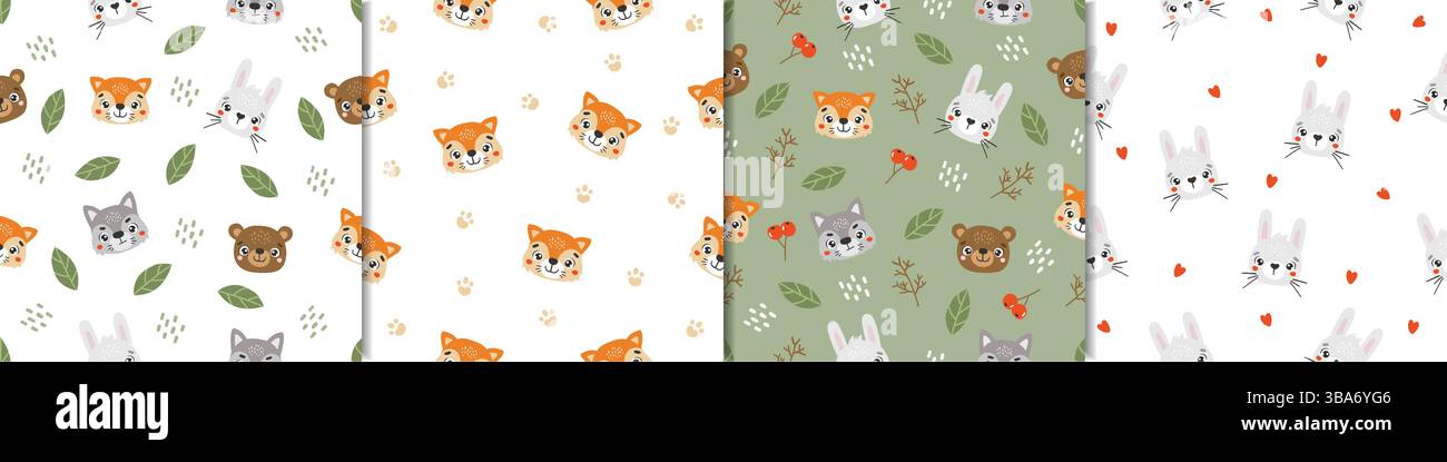 Wild animals pattern, cute wild animals, kids pattern, forest vector, cartoon, seamless patterns set Stock Vector
