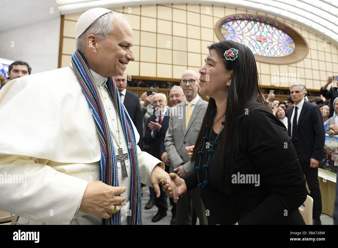 Pope Leo XIV meets with media professionals on May 12, 2025 at the ...