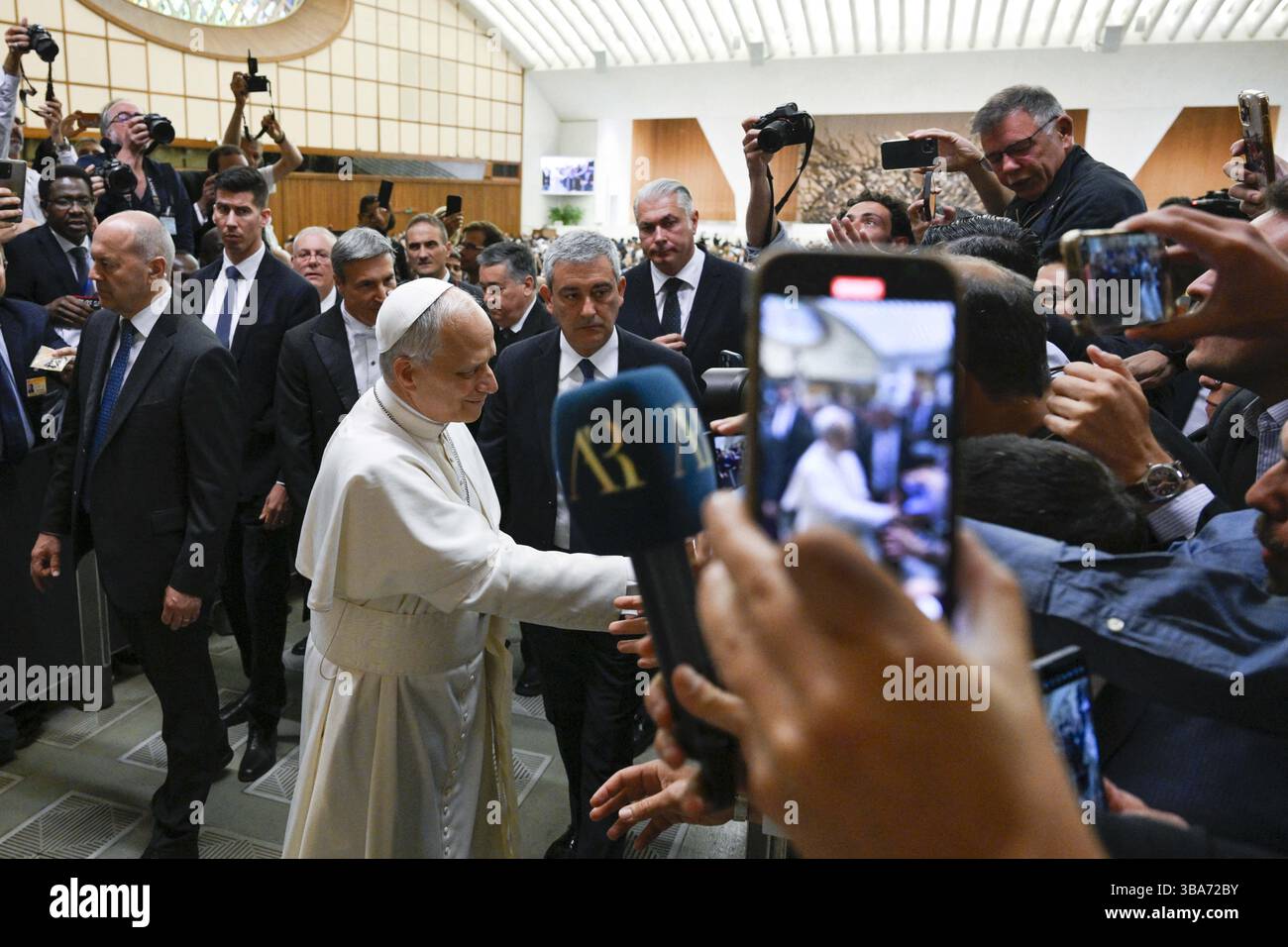 Pope Leo XIV meets with media professionals on May 12, 2025 at the ...