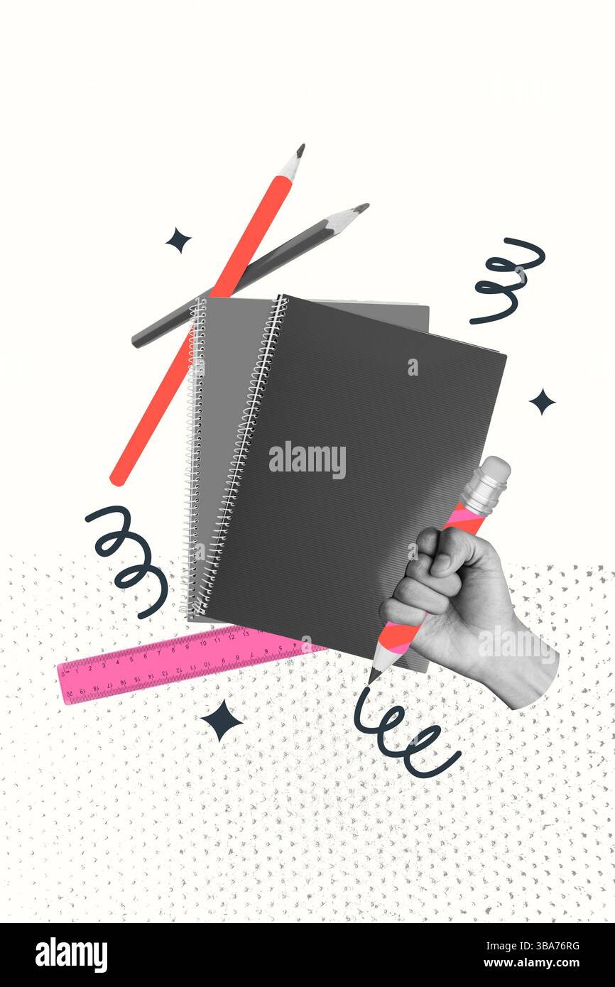 3D photo collage template trend artwork composite of hand hold pencil ...