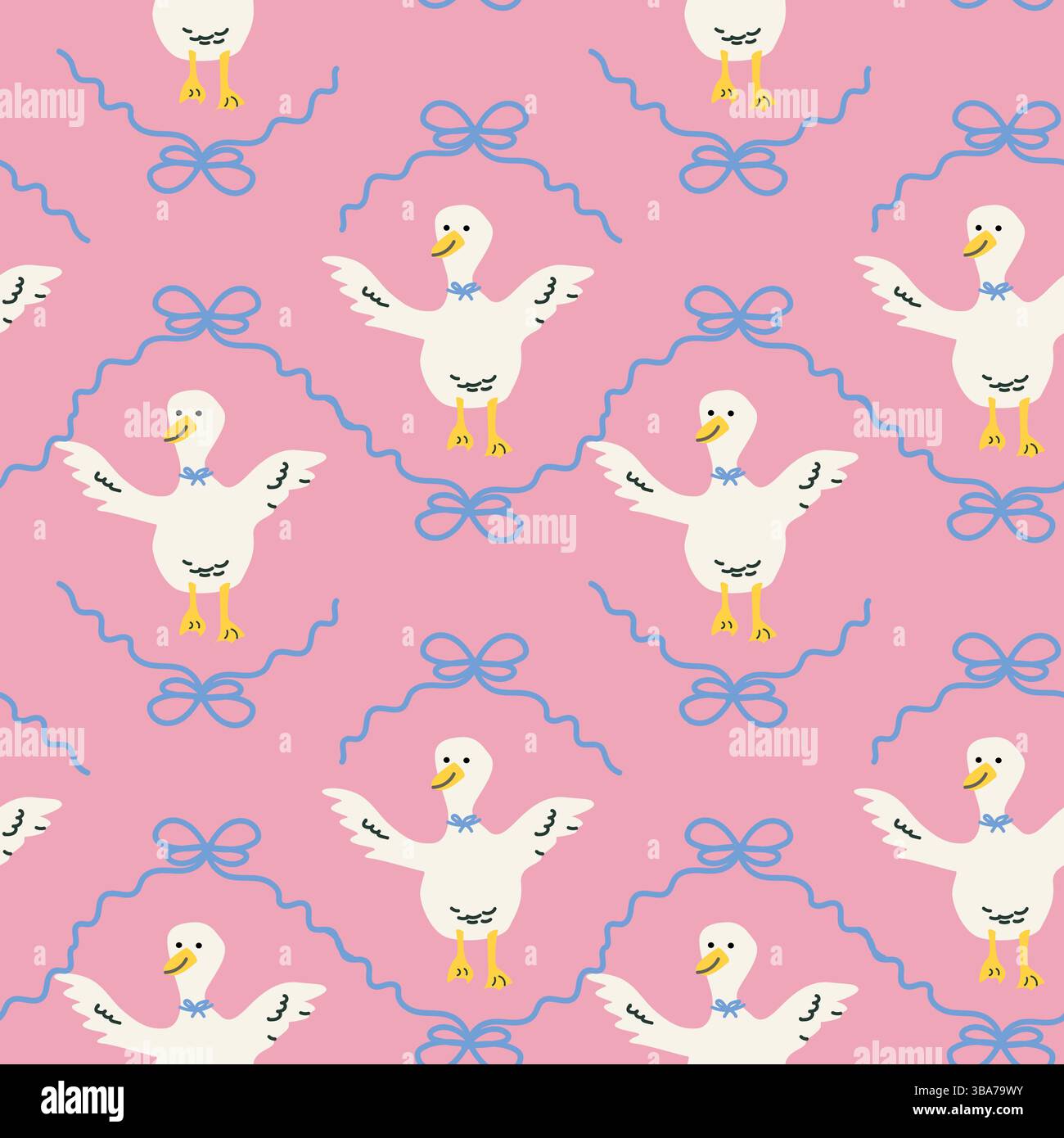 Charming cottage decor pattern with ducks and bows in pastel pink design for textile or wallpaper. Stock Vector