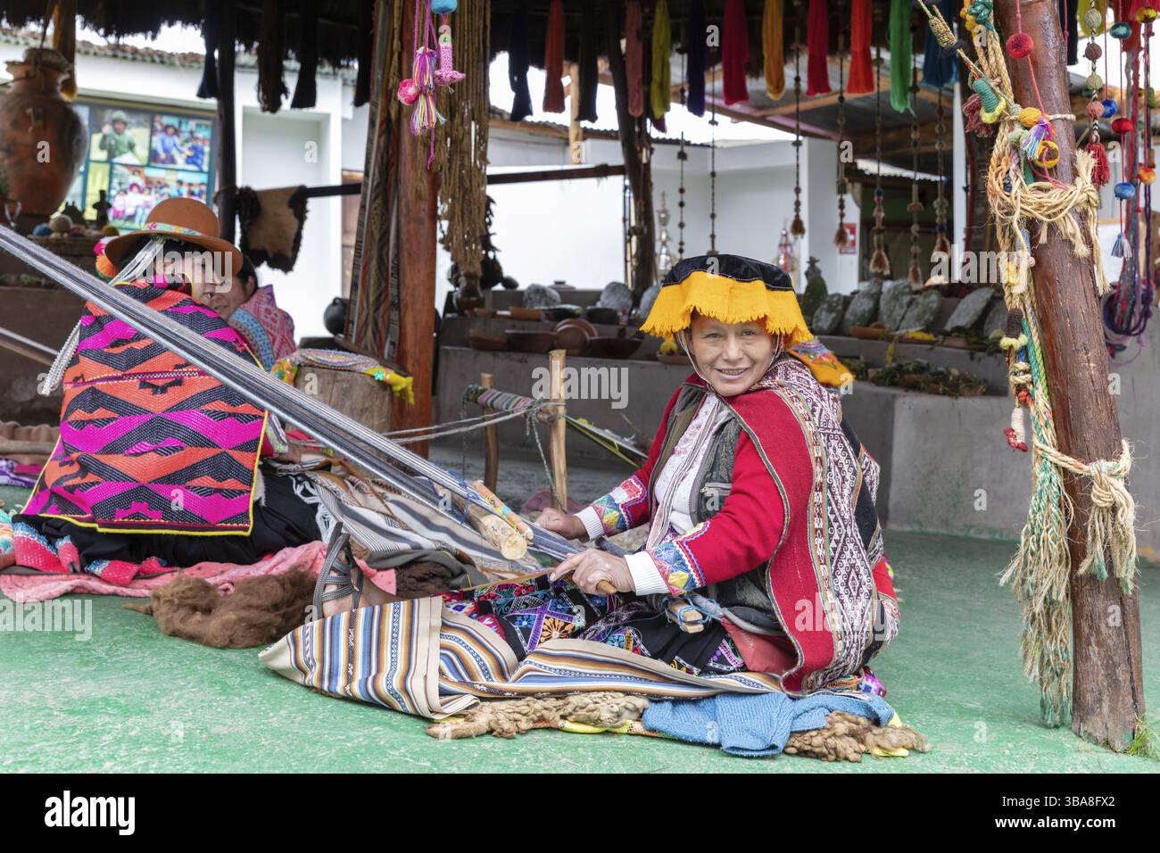 Traditional Peruvian weaving mill, alpaca and llama farm, near Cusco, Peru, South America Stock Photo