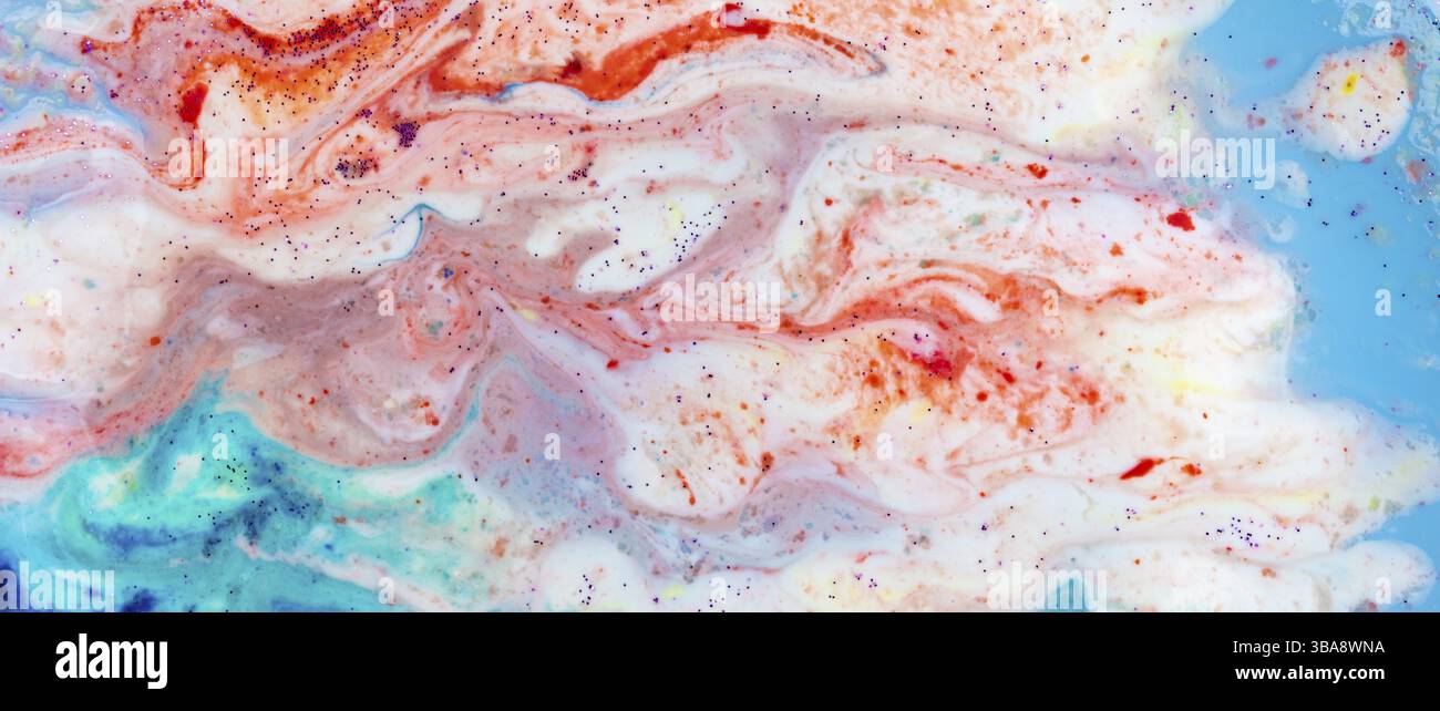 Horizontal banner background acrylic soft blue with pink and sparkles. Colourful marble texture. Liquid liquid marble. Art image. Avant-garde creativi Stock Photo