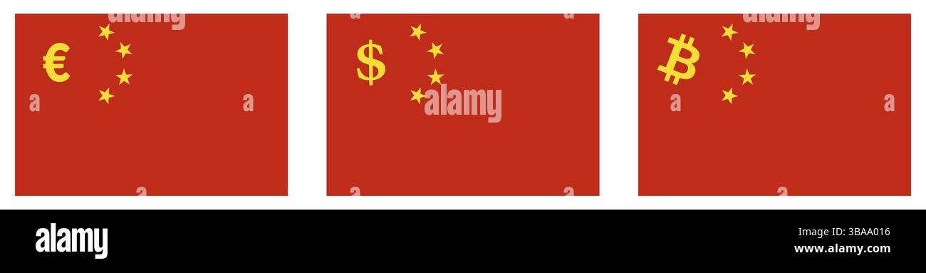 Flag of China, stars replaced with euro, dollar, bitcoin sign. Chinese trade to Europe, United States and cryptocurrency trading concept Stock Photo