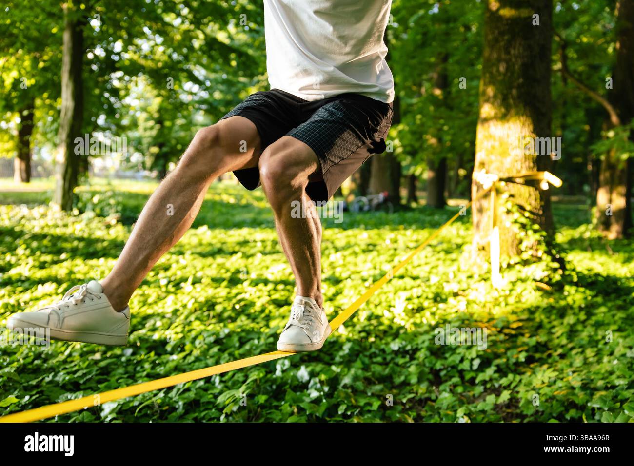Keeping balance. Close up picture of a man balancing on the rope Stock ...