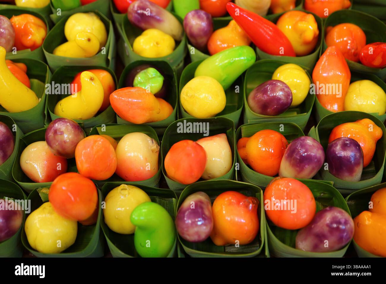 Mini Fruits and Vegetables Shaped Thai Style Marzipan Called Kanom Look Choup, a Famous Thai Traditional Dessert Stock Photo