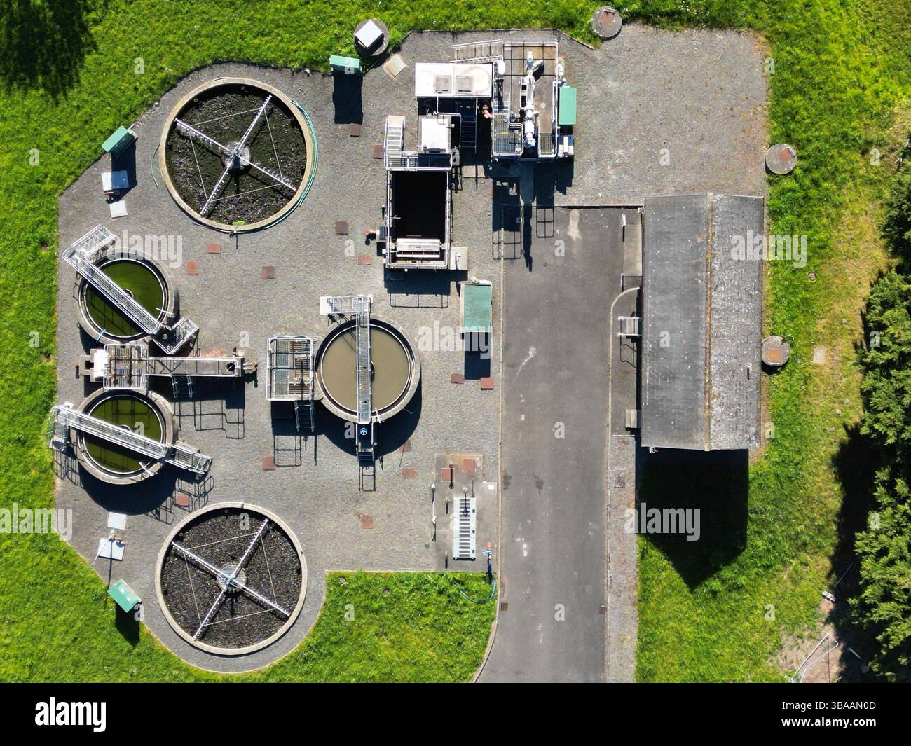 Scottish Water aerial view of small local waste water sewage treatment plant at Garlieston village Dumfries and Galloway Scotland - photo May 2025 Stock Photo