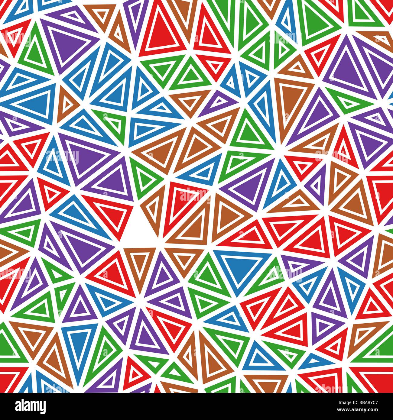 Triangular pattern background. Compact triangles size. Solid shapes in frames. Multiple colors style. Repeatable pattern. Vibrant vector tiles. Stock Vector