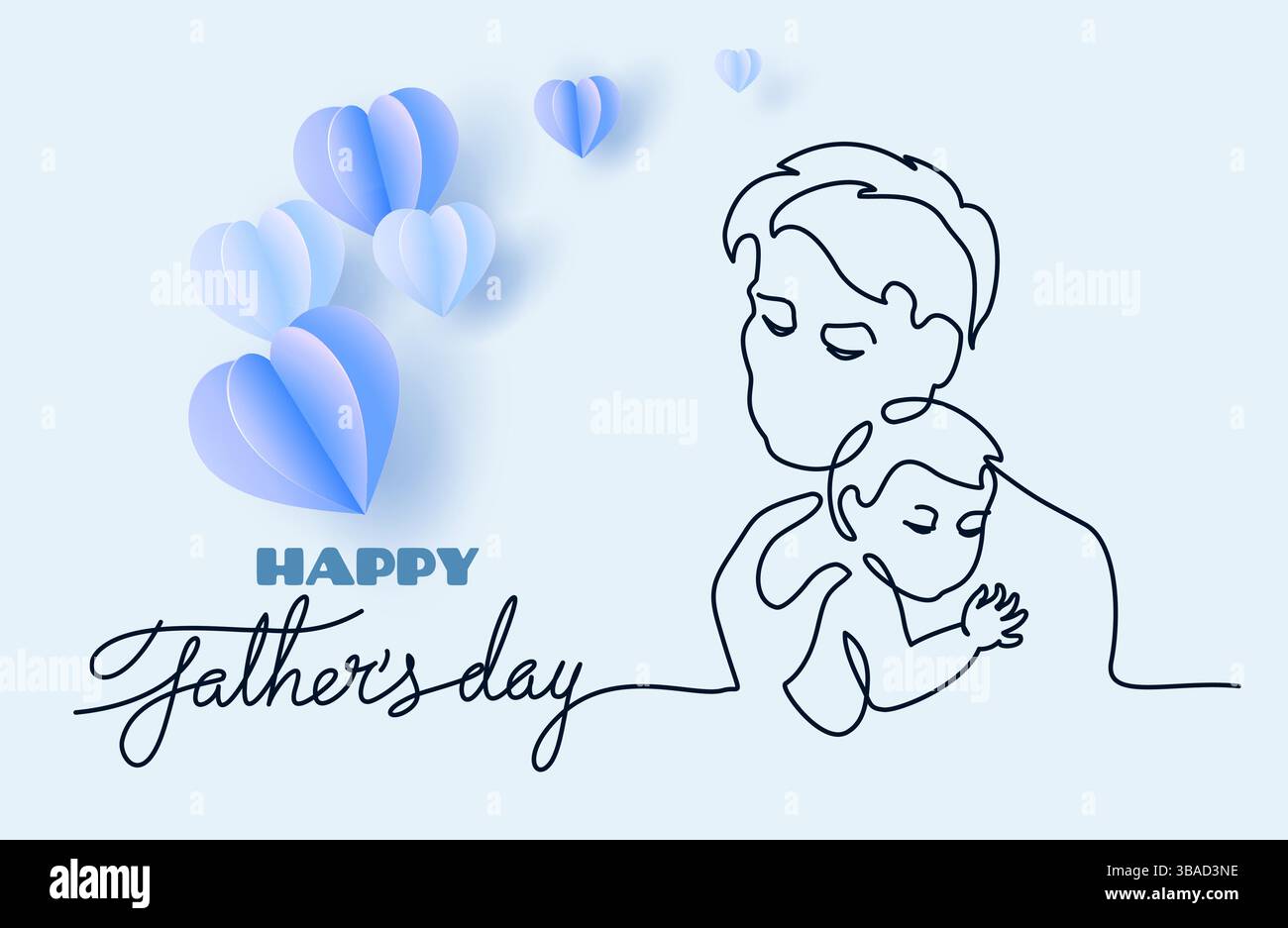 Happy Fathers Day holiday card. Dad hug baby. Continuous one line ...