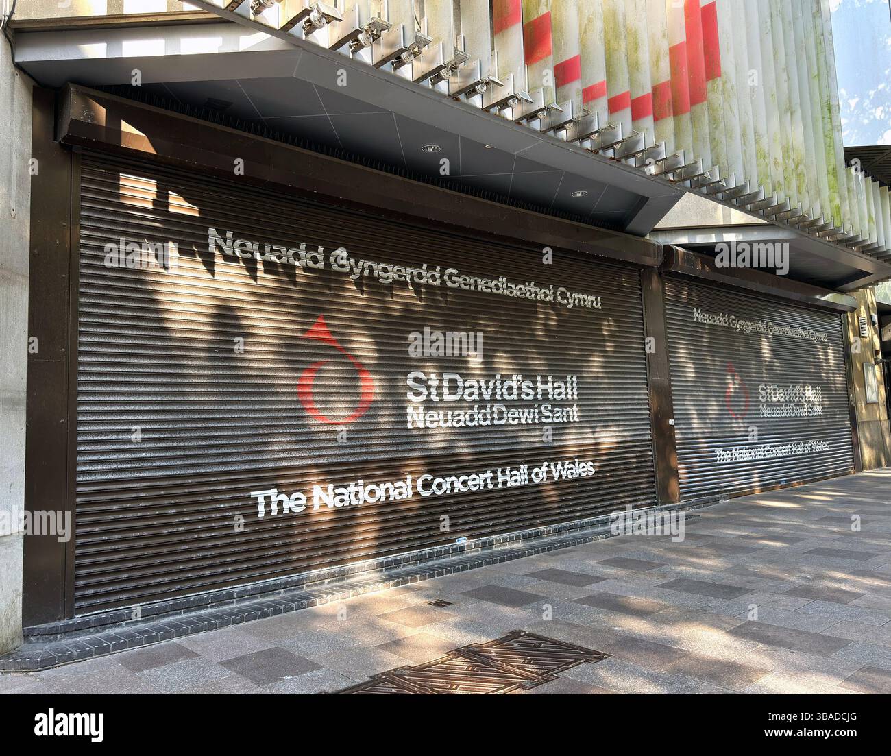 Cardiff, Wales, UK - 9 May 2025: Front exterior view of the shuttered entrance to St David's Hall concert venue, which is closed for safety reasons - Smartphone Captured Stock Image