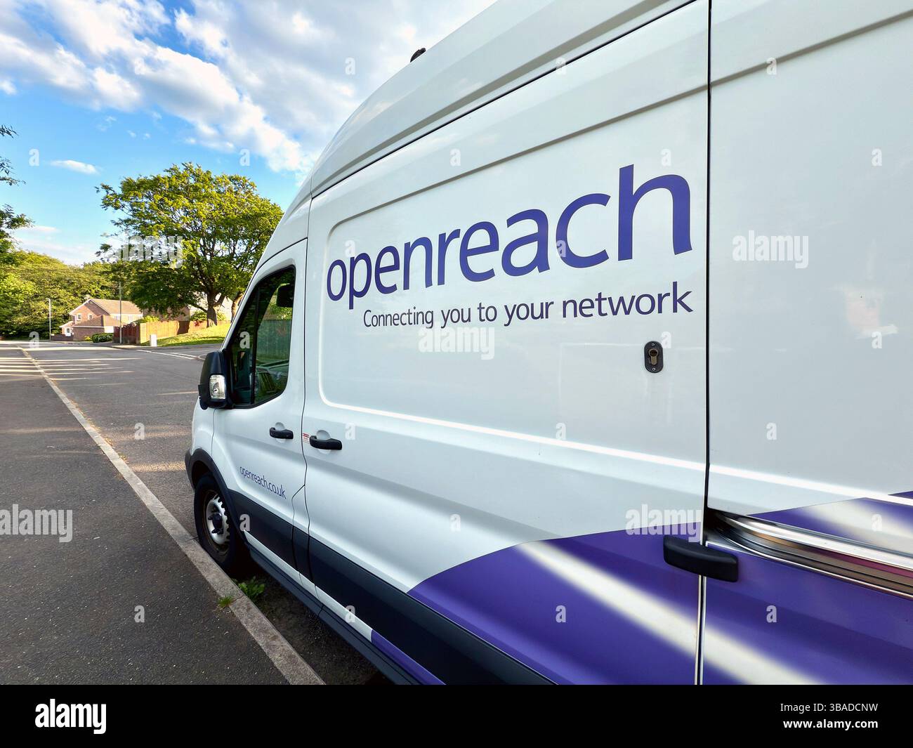 Pontypridd, Wales, UK - 9 May 2025: Close up view of the side of a van owned by the BT Openreach braodband company - Smartphone Captured Stock Image