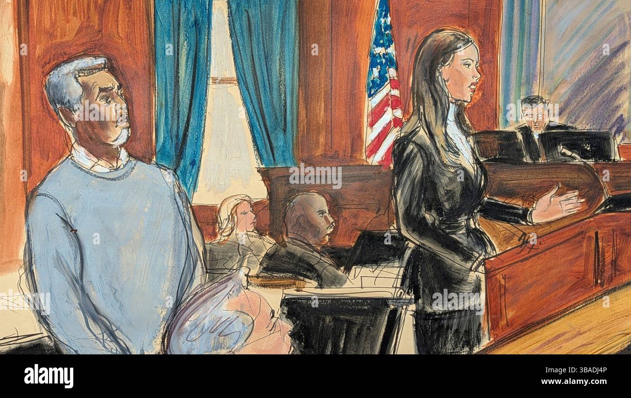 Sean Diddy Combs, left, stands as his defense attorney, Teny Geragos