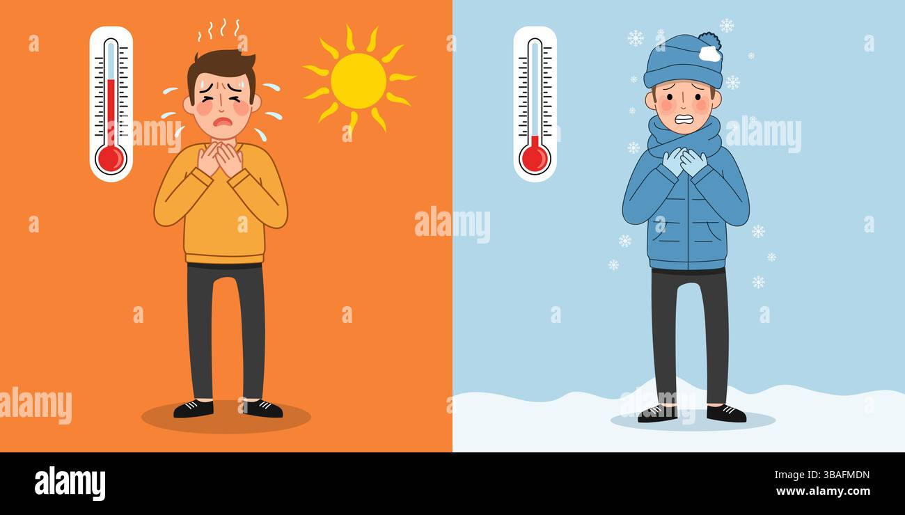 Male character in hot and cold weather with outdoor thermometer. Person sweating or freezing, summer vs winter season vector illustration. Extreme wea Stock Vector