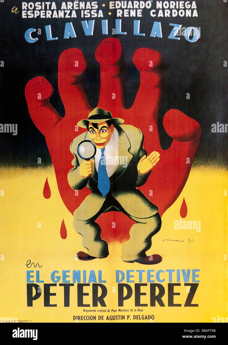 Partial image of vintage Mexican Golden Age cinema poster for El genial detective Peter Pérez starring Rosita Arenas, Eduardo Noriega, Esperanza Issa Stock Photo