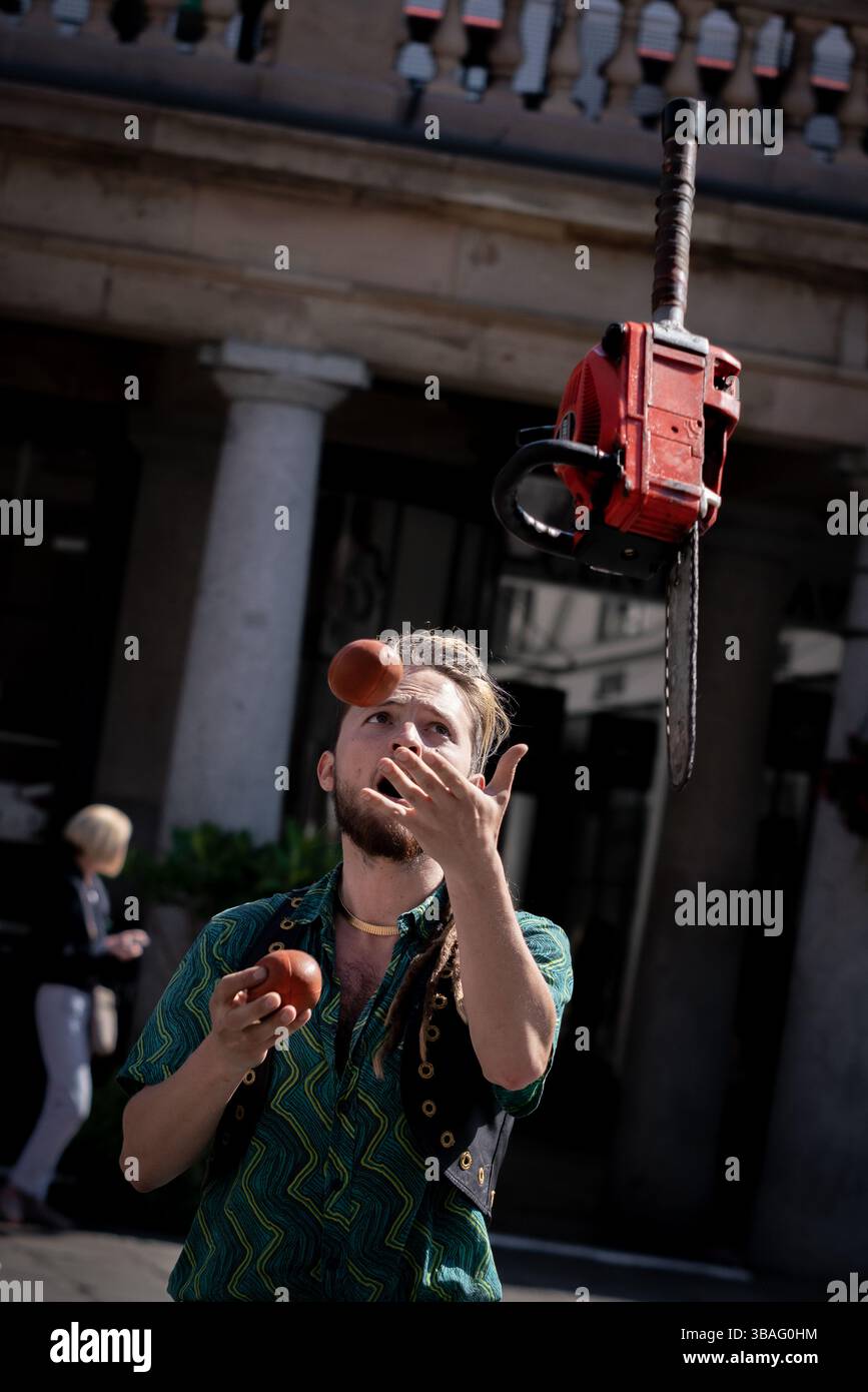 The Covent Garden Street Performers Association (CGSPA) celebrates 50 years of modern street performance on the piazza, London, UK. Stock Photo