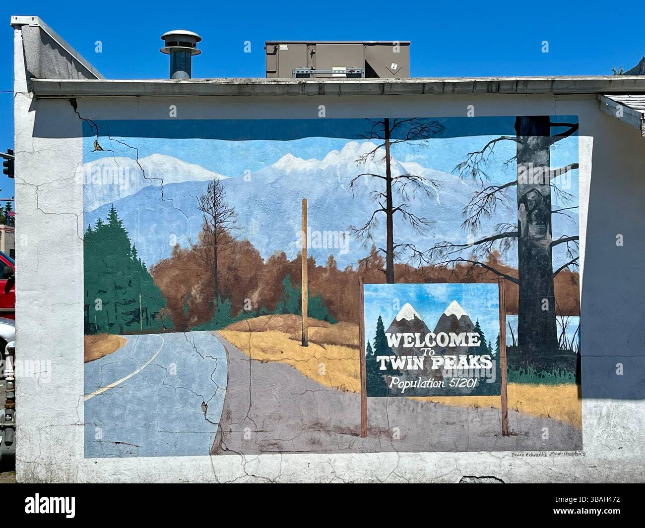 Mural behind Twede's Diner, North Bend, Washington, USA, made famous in the Twin Peaks TV show, where it was called the Double R. - Smartphone Captured Stock Image