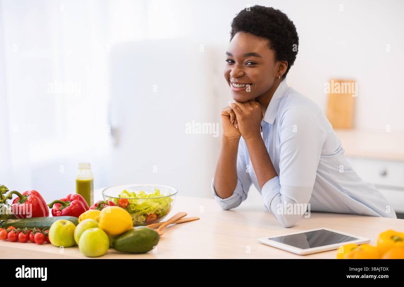 Healthy Eating. Black Woman Posing In Kitchen Standing Near Table Full ...