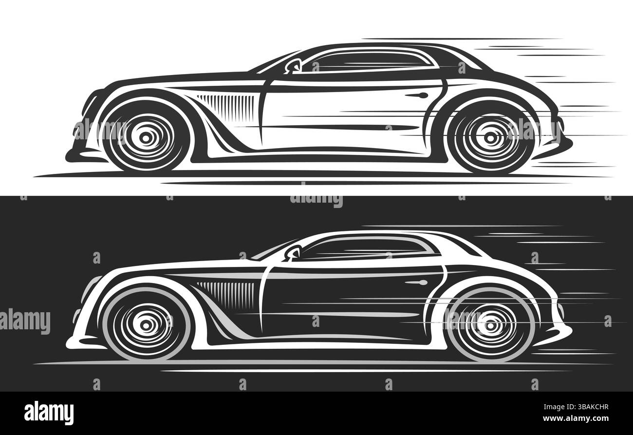 Vector logo for Retro Futuristic Car, monochrome automotive banners with contour clip art illustration of antique concept car in moving, running retro Stock Vector