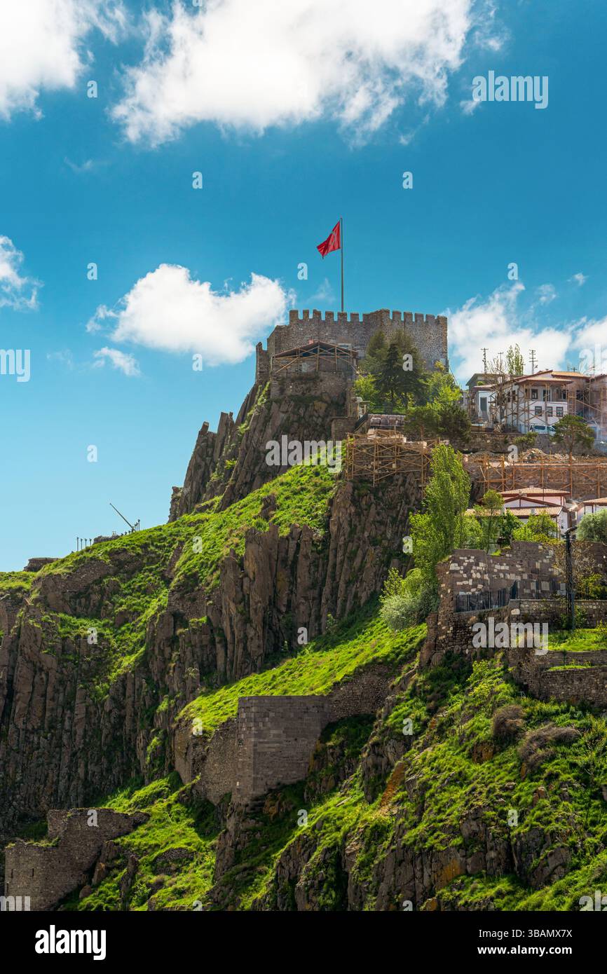Ankara Castle with the Turkish flag flying over it. Turkish name is ...