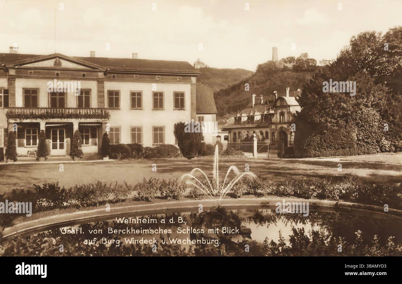 Gruß aus Weinheim a.d.B., Berckheimsches Schloß und Blick auf Burg Windeck und Wachenburg Stock Photo
