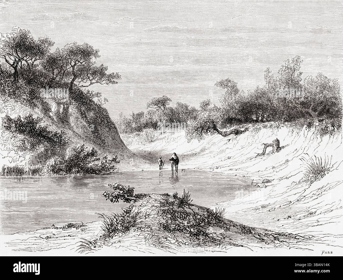 On the banks of the Rahad River, Africa, 19th century.  From Voyage of G. Lejean in Eastern Africa, 1860.  Featured in Le Tour du Monde, published 1862. Stock Photo