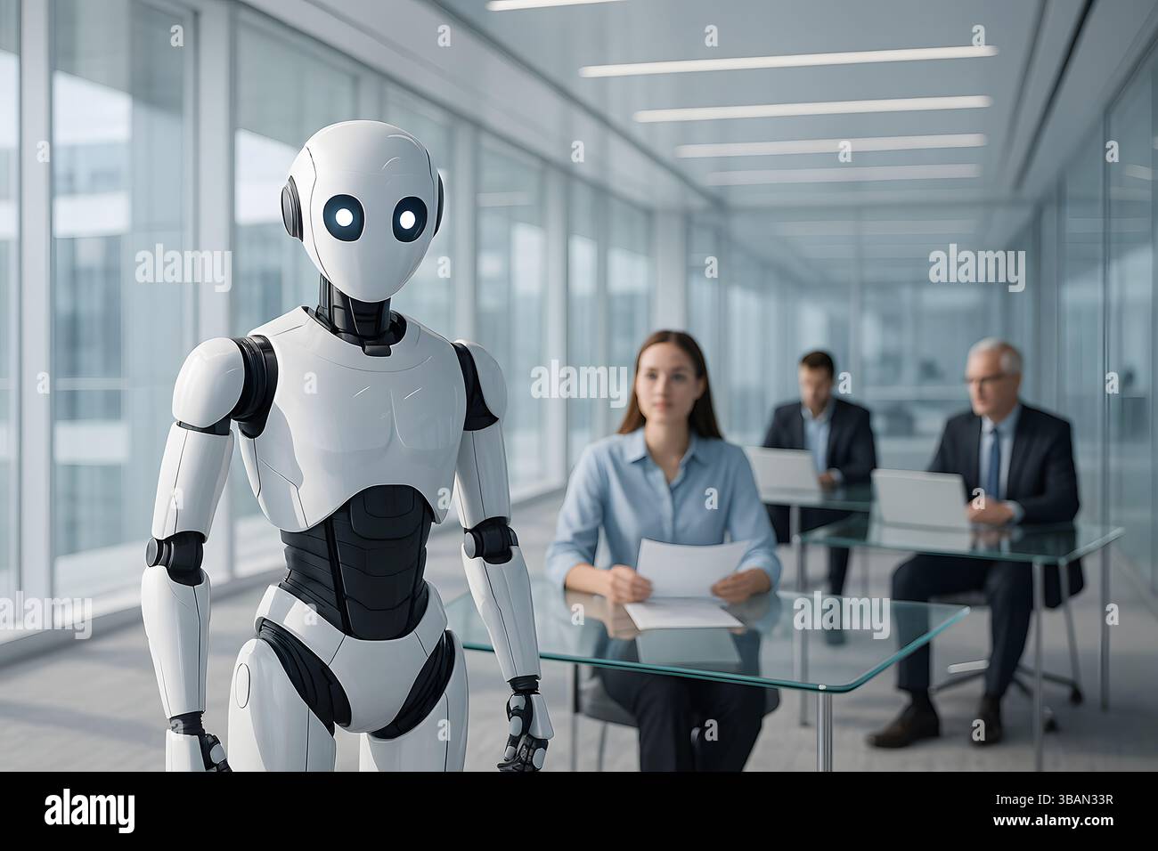 A humanoid robot stands in a modern glass office with business ...