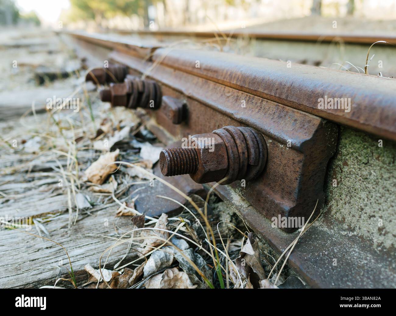 Old railroad ties and rusty nuts and rails of a narrow-gauge railway ...