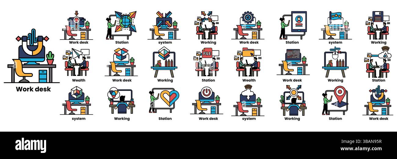 A series of images depicting various work environments. The images include people working at desks, using laptops, and interacting with each other. Th Stock Vector