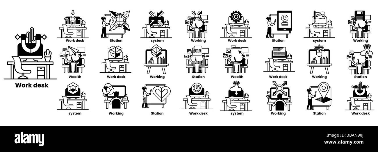 A series of images depicting various work environments. The images include people working at desks, using laptops, and interacting with each other. Th Stock Vector