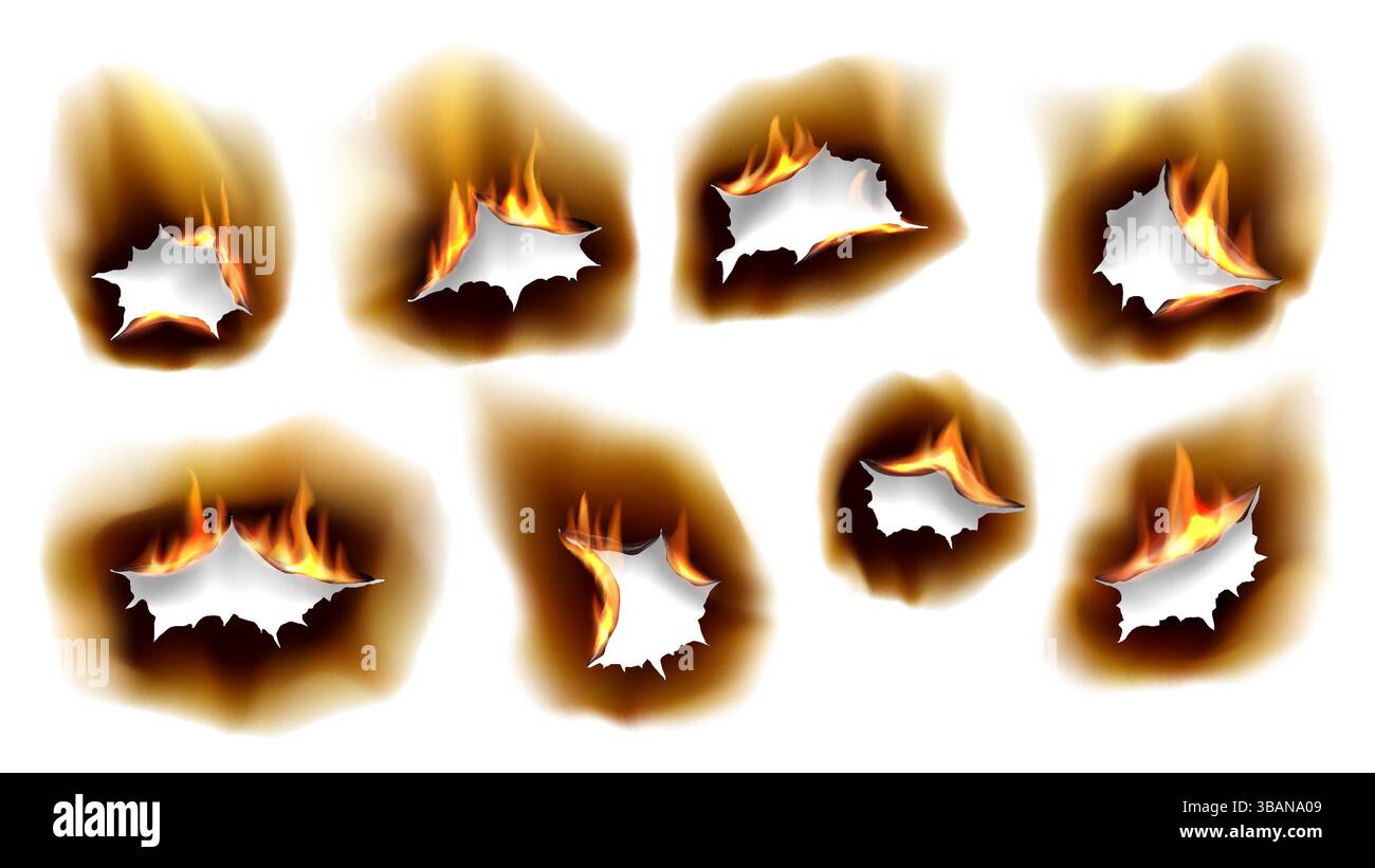 Realistic burn paper holes with fire flames, showcasing brown charred ...
