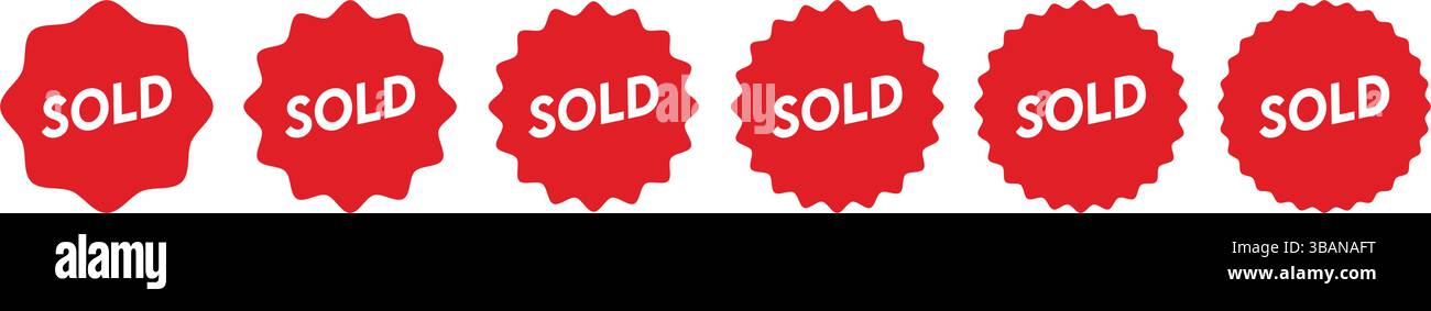 Collection of red sold tags and stickers for deals, advertising, and promotions in multiple variations. Stock Vector