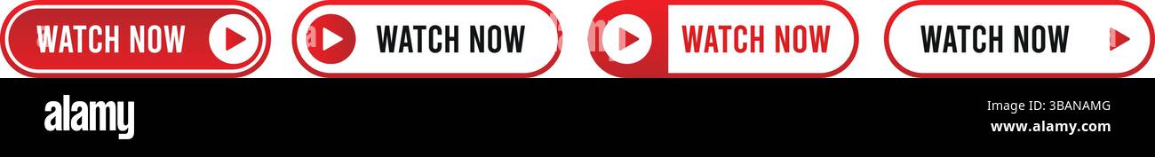 Watch now button set with video play icons for websites and user interfaces Stock Vector