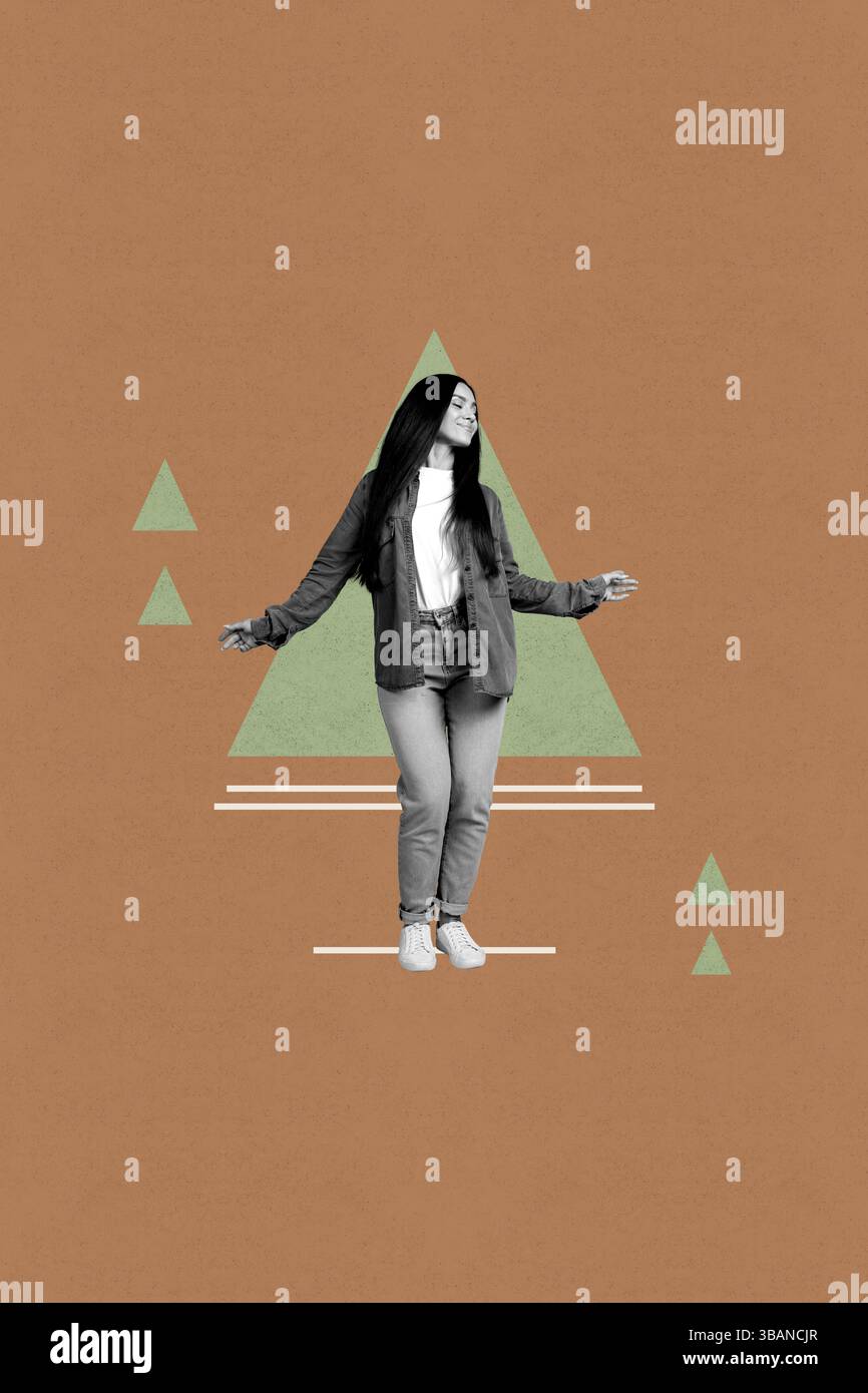 Poster trend collage of person stand front triangle shape on brown background Stock Photo