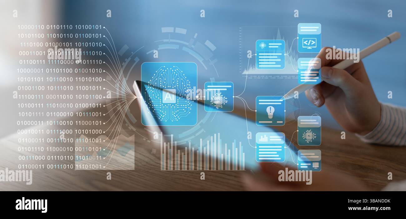 Artificial Intelligence and Data Processing Interaction on a Digital Touchscreen Interface. Stock Photo